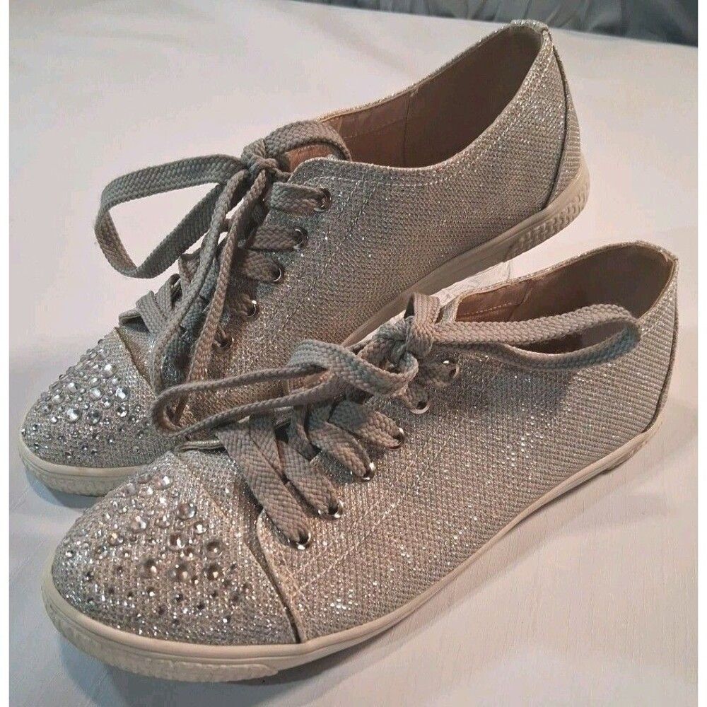 Your Party Shoes Sparkle Glitter Rhinestone Sneakers Low Top Lace Up Silver 11